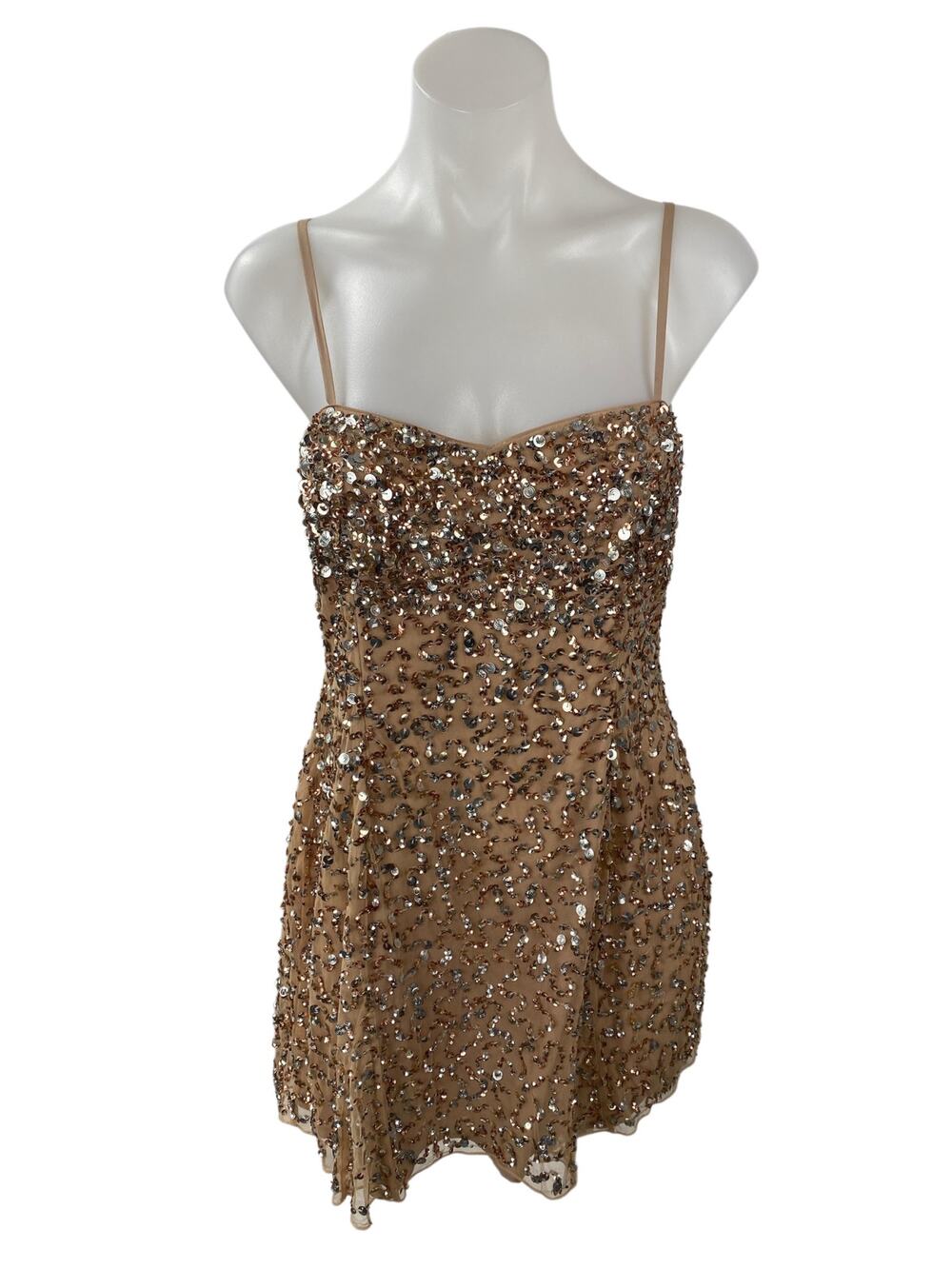 Majorelle Women's Tan Sequin Sparkly Sweetheart Cami Tank Mini A Line Dress M